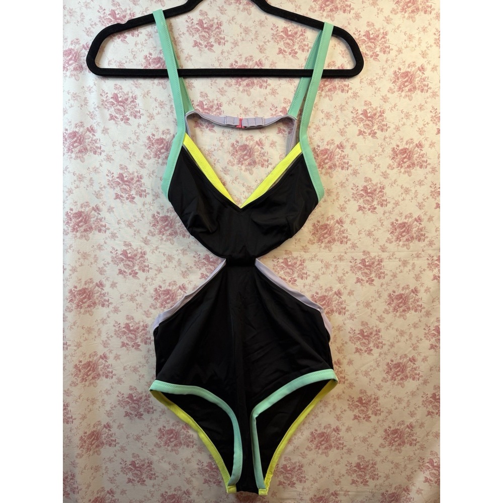Victoria's Secret One Piece Cutout Swimsuit Black Neon Colorblock Size M